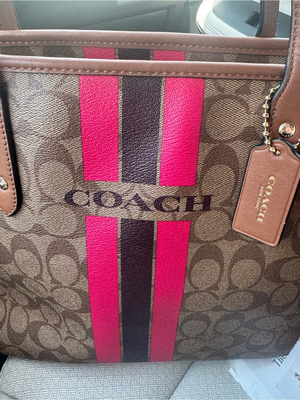 Coach Signature Stripe Tote Bag Brown Canvas Pink Red Stripe Large Carryall - Picture 5 of 12